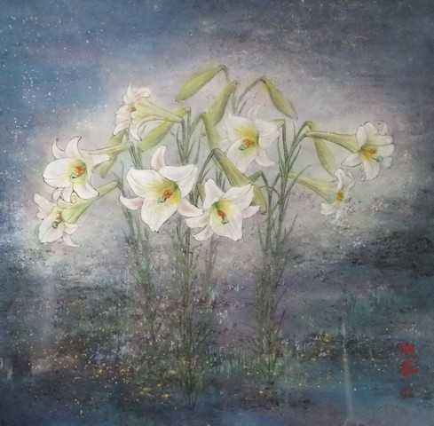 周湘苓 ,夜晚的百合花,彩墨紙本,70x70cm ,2020