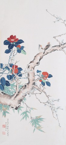 曹緯初，山茶、梅、竹，1963年，47×104cm(曹天啟收藏)