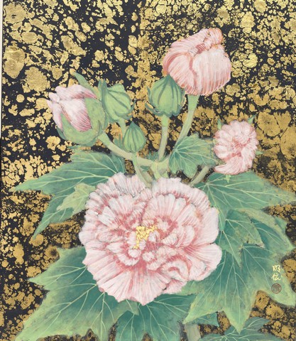 廖珮如，醉芙蓉，2019，膠彩，53×455cm.