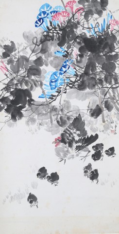 曹緯初，牽牛花、雞，69×134cm(曹天啟收藏)