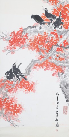 曹緯初，八哥、紅葉，生宣紙，1978年，96x128cm(曹天韻收藏)